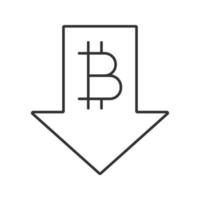 Bitcoin rate falling linear icon. Thin line illustration. Cryptocurrency with down arrow. Contour symbol. Bitcoin collapse. Vector isolated outline drawing