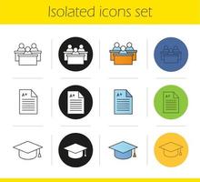 High education icons set. Linear, black and color styles. Students, test paper with excellent mark, graduation cap. Isolated vector illustrations