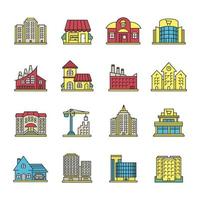 City buildings color icons set. Town architecture. Isolated vector illustrations