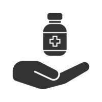 Open hand with drugs glyph icon. Silhouette symbol. Medicaments supply. Negative space. Vector isolated illustration