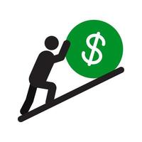 Man pushing dollar sign up silhouette icon. Hard work. Career growth. Isolated vector illustration