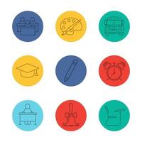 School and education linear icons set. Audience, palette with brush, school bus and bell, graduation cap, pencil, alarm clock, desk. Thin line outline symbols on color circles. Vector illustrations