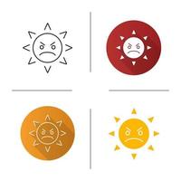 Angry sun smile icon. Flat design, linear and glyph color styles. Bad mood. Frowned sun face. Isolated vector illustrations