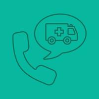 Phone call to ambulance linear icon. Handset with emergency car inside chat box. Thin line outline symbols on color background. Vector illustration