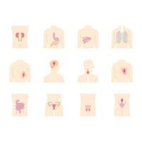 Ill human organs flat design long shadow color icons set. Sore heart and lungs. Aching urinary bladder. Unhealthy liver and intestines. Sick internal body parts. Vector silhouette illustrations