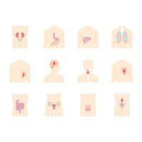 Ill human organs flat design long shadow color icons set. Sore heart and lungs. Aching urinary bladder. Unhealthy liver and intestines. Sick internal body parts. Vector silhouette illustrations