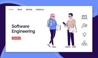 Software engineering landing page vector template. Programming and coding website interface idea with flat illustrations. Programmer courses homepage layout. Web banner, webpage cartoon concept