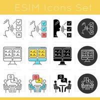 Survey methods icons set. Customer audio review. Interview. Online poll. Feedback. Evaluation. Data collection. Sociology. Glyph design, linear, chalk and color styles. Isolated vector illustrations