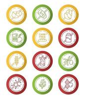 Product free ingredient flat design long shadow glyph icons set. No paraben, pesticide, lactose. Organic food, healthy eating. Dietary without allergens and sweeteners. Vector silhouette illustration