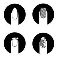 Manicure glyph icons set. Almond shaped, matte nail polish, broken glass manicure, fingernails burnishing. Vector white silhouettes illustrations in black circles