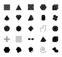 Geometric figures glyph icons set. Squares, circles and triangles. Double pyramid. Prism models. Complex abstract shapes. Isometric forms with curves. Silhouette symbols. Vector isolated illustration