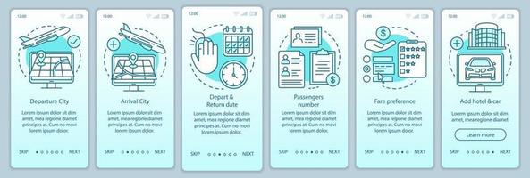 Trip planning turquoise onboarding mobile app page screen vector template. Hotel, car, airport. Walkthrough website steps with linear illustrations. UX, UI, GUI smartphone interface concept