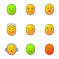 conjunto de iconos de colores de emoticonos. buen y mal humor. confundido, emocionado, lloroso, vomitando, enojado, conmocionado, escuchando emoticonos de música. ilustraciones vectoriales aisladas vector