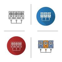 Graphic cards for mining business icon. Flat design, linear and color styles. Connected video cards. Cryptocurrency gpu mining farm. Isolated vector illustrations