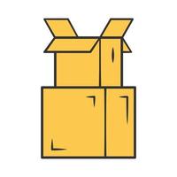 Cardboard boxes pile yellow color icon. Parcel packing. Empty open carton boxes for wrapping order. Warehouse supply. Goods storage crates stack. Isolated vector illustration