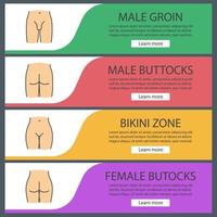 Human body parts web banner templates set. Male groin, bikini zone, man and woman's buttocks. Website color menu items. Vector headers design concepts