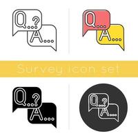 Q and A survey icon. Social research. Questions and answers poll. Consumer, customer satisfaction. Feedback. Evaluation. Glyph design, linear, chalk and color styles. Isolated vector illustrations