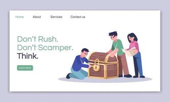 Dont rush, dont scamper, think landing page vector template. Treasure hunt website interface idea with flat illustrations. Logic game homepage layout. Quest room web banner, webpage cartoon concept