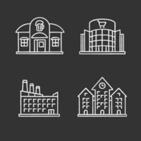 City buildings chalk icons set. Pub, shopping center, hotel, town hall. Isolated vector chalkboard illustrations