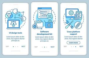 Software development onboarding mobile app page screen vector template. Application programming. Walkthrough website steps with linear illustrations. UX, UI, GUI smartphone interface concept