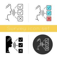 Survey audio response icon. Social research. Testimonial. Oral survey. Customer satisfaction. Feedback. Evaluation. Glyph design, linear, chalk and color styles. Isolated vector illustrations