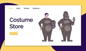 Costume store landing page vector template. Holiday clothing for selling website interface idea, flat illustrations. Animal costumes homepage layout. Monkey suit web banner, webpage cartoon concept