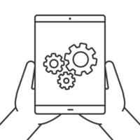 Hands holding tablet computer linear icon. Device settings. Thin line illustration. Tablet computer with cogwheels. Contour symbol. Vector isolated outline drawing