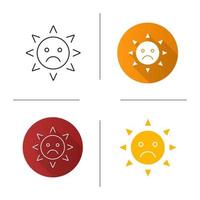 Sad sun smile icon. Flat design, linear and color styles. Bad mood. Isolated vector illustrations