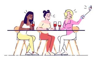 Ilustración de vector plano selfie. tres mujeres sonrientes en la mesa con copas de vino tomando fotos en la cámara del teléfono inteligente. reunión de amigos. Partida de gallina personaje de dibujos animados aislado sobre fondo blanco.