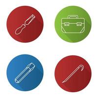 Construction tools flat linear long shadow icons set. Chisels, tool box, crowbar. Vector outline illustration