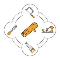 Wood working tools color icons set. Logging. Hand saw, jigsaw, chisel, jack plane. Isolated vector illustrations