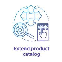 ampliar el catálogo de productos icono azul del concepto. Ilustración de línea fina de idea de negocio en línea. servicio de dropshipping. comercio electrónico. aumentar la selección de páginas de productos. dibujo de contorno aislado vectorial vector