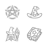 conjunto de iconos lineales mágicos. pentagrama, sombrero de mago, bruja, libro de hechizos. brujería, artículos rituales ocultos. objetos misteriosos. símbolos de contorno de línea fina. ilustraciones de contorno de vector aislado. trazo editable