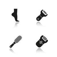 Feet care drop shadow black icons set. Woman's foot, file, rasp, epilator. Isolated vector illustrations