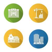 City buildings flat design long shadow glyph icons set. Hotel, tower crane, cottage, business center. Vector silhouette illustration