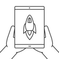 Hands holding tablet computer linear icon. Startup. Thin line illustration. Tablet computer with rocket. Application launching. Contour symbol. Vector isolated outline drawing