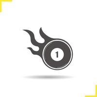 Burning billiard ball icon. Drop shadow nice shot silhouette symbol. Number 1 billiard ball. Negative space. Vector isolated illustration