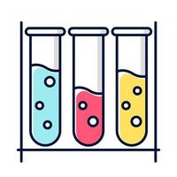 Blue, red and yellow test tubes color icon. Organic chemistry. Conducting experiment. Laboratory work. Interaction with chemicals. Scientific research, practice. Isolated vector illustration