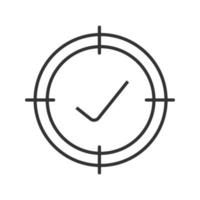 Aim on checkmark linear icon. Quality goal thin line illustration. Approved goods and services searching. Products certification and qualification contour symbol. Vector isolated outline drawing