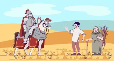 Medieval knight on horse and peasants in field flat vector illustration. Cavalier in armor with farmers cartoon characters with outline. Middle age worrier and simple people. Fantasy personages