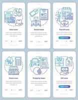 US taxes types blue onboarding mobile app page screen with linear concepts set. Sales, excise, property taxation walkthrough steps graphic instructions. UX, UI, GUI vector template with illustrations