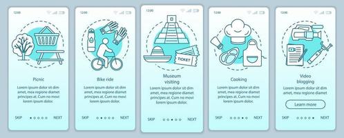 Family activities with kids onboarding mobile app page screen vector template. Bike ride. Walkthrough website steps with linear illustrations. Museum visiting. UX, UI, GUI smartphone interface concept