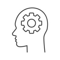 Human head with cogwheel inside linear icon. Artificial intelligence. Thin line illustration. Robot. Contour symbol. Vector isolated outline drawing