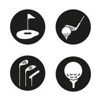 Golf icons set. Golf course, clubs, ball on tee. Vector white silhouettes illustrations in black circles