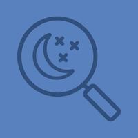 Place to sleep search linear icon. Magnifying glass with moon and stars. Thick line outline symbols on color background. Vector illustration