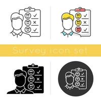 Personal interview icon. Survey questionnaire form. Customer service rating. Employee satisfaction. Emotional opinion. Glyph design, linear, chalk and color styles. Isolated vector illustrations