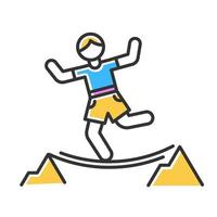 Highlining color icon. Slacklining. Walking and balancing on tightrope. Slackliner in mountains. Extreme sport stunt. Walker on rope. Isolated vector illustration