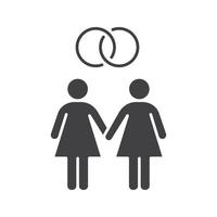 Lesbian marriage icon. Homosexual couple silhouette symbol. Two women holding hands. Negative space. Vector isolated illustration