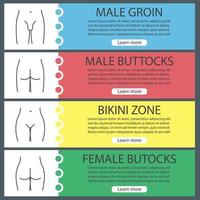 Body parts web banner templates set. Male groin, bikini zone, man and woman's buttocks. Website color menu items with linear icons. Vector headers design concepts