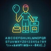 Immigrant child neon light icon. Kid travel abroad. Traveler with air balloon, carry on handbag and suitcase. Glowing sign with alphabet, numbers and symbols. Vector isolated illustration